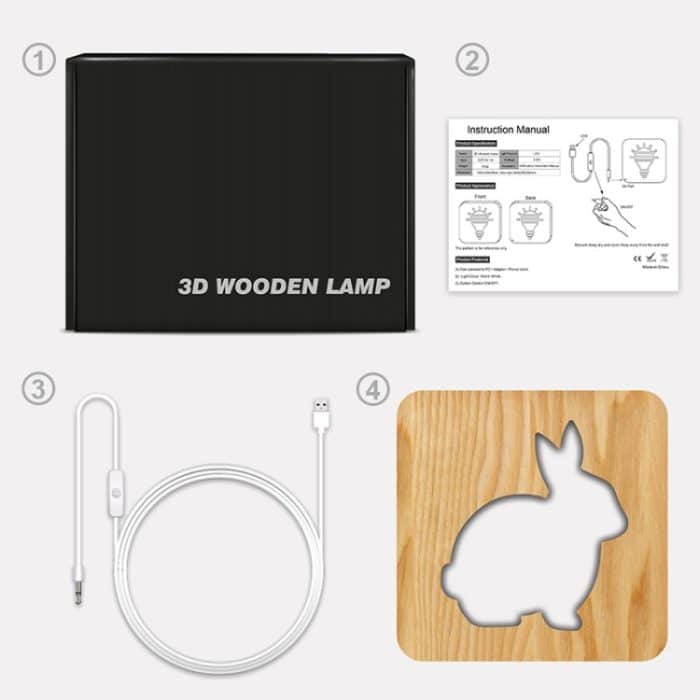 FS-T2104W 3D Holzschnitzerei Kaninchen Tischlampe USB Nachtlicht Basteln, Rabbit – Bild 6