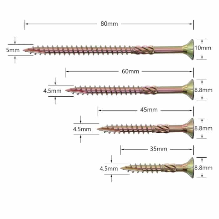 RUITOOL T25 100 Stück Holzbearbeitungsschrauben Torx selbstschneidende Schrauben, 5 x 80mm, 4.5 x 60mm, 4.5 x 45mm, 4.5 x 35mm – Bild 5