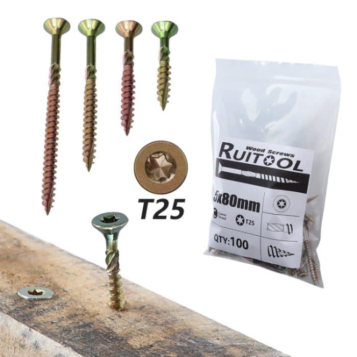 RUITOOL T25 100 Stück Holzbearbeitungsschrauben Torx selbstschneidende Schrauben, 5 x 80mm, 4.5 x 60mm, 4.5 x 45mm, 4.5 x 35mm – Bild 10