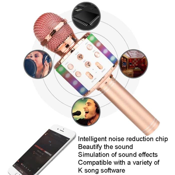 WS-858L LED-Licht blinkendes kabelloses Kapazitätsmikrofon kommt mit Audio-Bluetoon-Live-Mikrofon für Mobiltelefone, WS-858L (Pink), WS-858L (Gold), WS-858L (Blue), WS-858L (Black), WS-858L (Rose Gold) – Bild 4