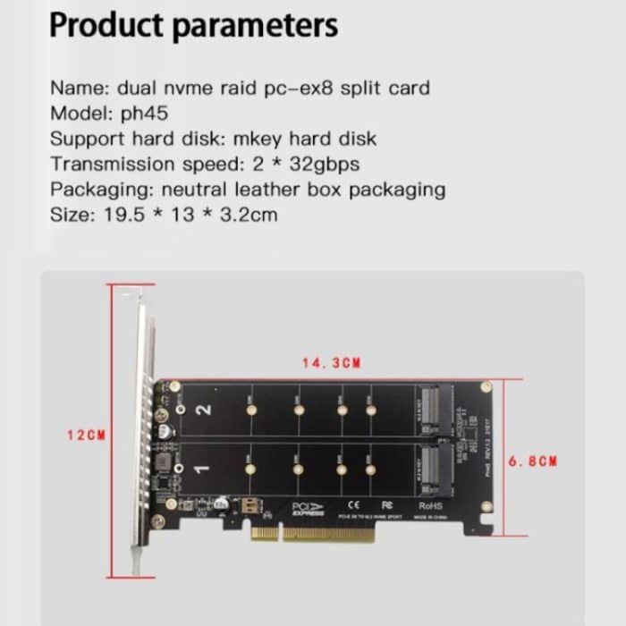 PCI-E X8 Double Disk Transfer Card NVME M.2 MKEY SSD RAID Array Erweiterungsadapter, PH45 – Bild 3