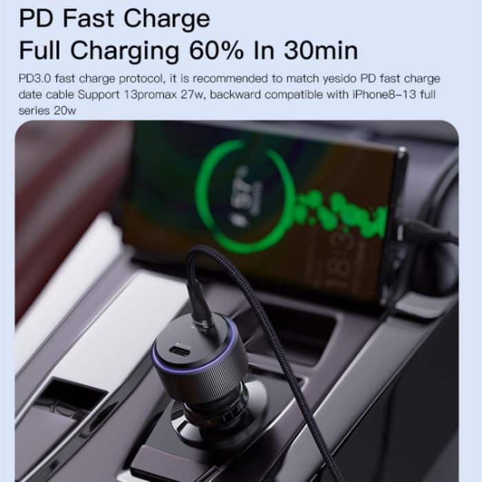 Yesido Y48 60W Auto-Schnellladegerät Aluminium Aluminium Doppelter Typ-C/USB-C-Anschluss Autoladegerät, Y48 – Bild 11