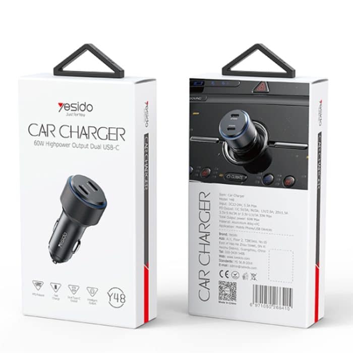 Yesido Y48 60W Auto-Schnellladegerät Aluminium Aluminium Doppelter Typ-C/USB-C-Anschluss Autoladegerät, Y48 – Bild 12
