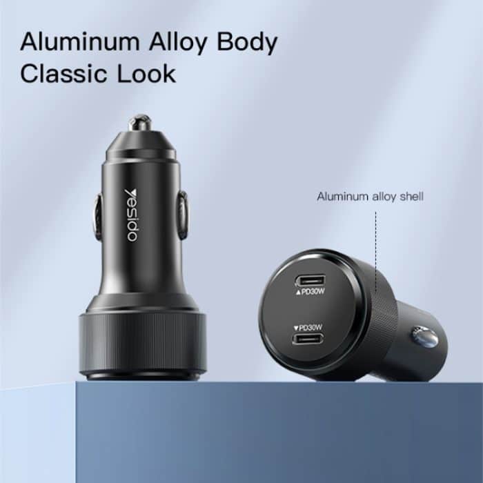 Yesido Y48 60W Auto-Schnellladegerät Aluminium Aluminium Doppelter Typ-C/USB-C-Anschluss Autoladegerät, Y48 – Bild 3