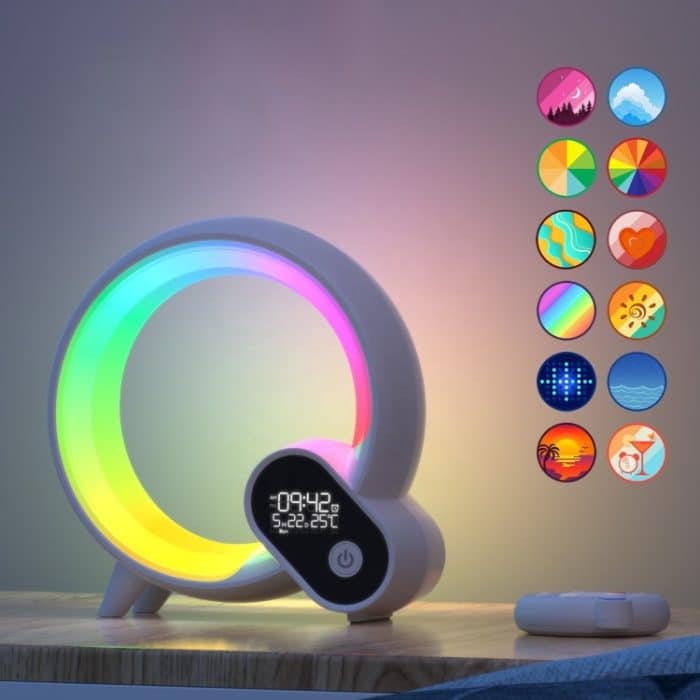 Multifunktionaler RGBW-Atmosphärenlicht-Bluetooth-Lautsprecher Sonnenaufgang Wecklampe Digitalanzeige Wecker, RGBW Black, RGBW White – Bild 2