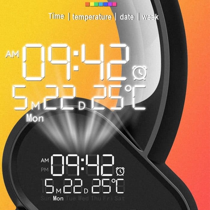 Multifunktionaler RGBW-Atmosphärenlicht-Bluetooth-Lautsprecher Sonnenaufgang Wecklampe Digitalanzeige Wecker, RGBW Black, RGBW White – Bild 10