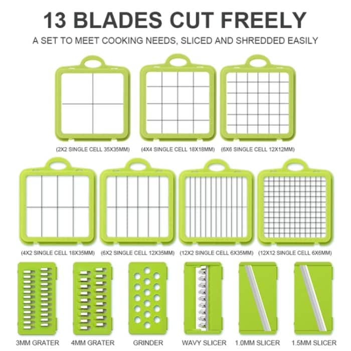 22-in-1 multifunktionaler Lebensmittelzerkleinerer, Reibe, Zwiebelwürfelschneider, Gemüseschneider mit 13 Edelstahlklingen, 22 in 1 Multifunctional – Bild 3