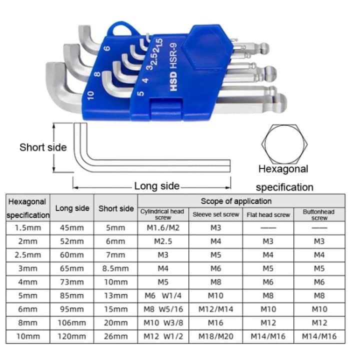 Werkzeuge mit kurzem Kugelkopf-Sechskantschlüsselsatz, 9pcs/set HSD HSR-9 Short Version, 7pcs/set HSD HSS-7 Long Version, 9pcs/set HSD HSS-9 Long Version – Bild 9