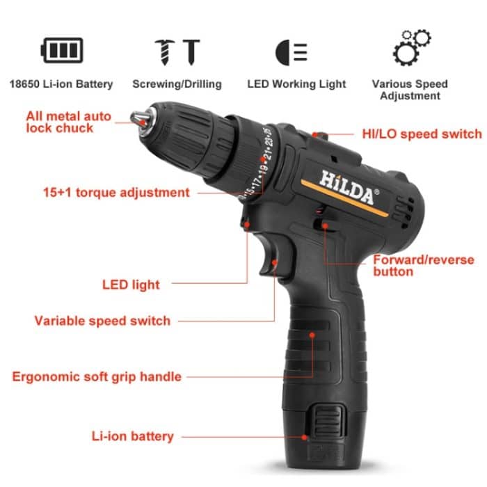 HILDA Home Power Drill 12V Li-Ion-Bohrmaschine mit Ladegerät und Akku, EU-Stecker, Carton Packing, Plastic Packing, Cloth Packing – Bild 3