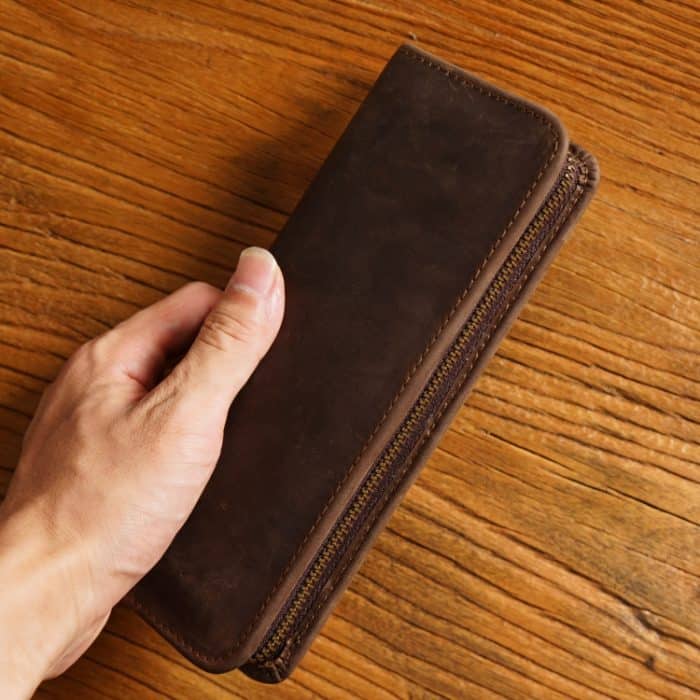 Quadratisches Federmäppchen aus Crazy Horse-Leder im Retro-Stil, echtes Leder mit Reißverschluss, Stiftbox – Bild 4