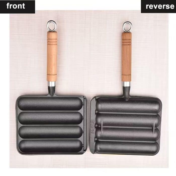 Gusseisen-Grillpfanne, 4-Gitter-Antihaft-Wurstgrillpfanne mit Holzgriff – Bild 5