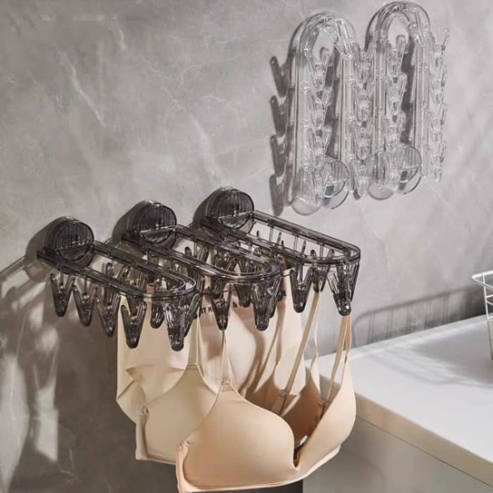 Kleiderständer mit Saugnapf, mehrere Clips, Wandmontage, für drinnen und draußen, Balkon, multifunktionaler faltbarer Kleiderbügel – Bild 2