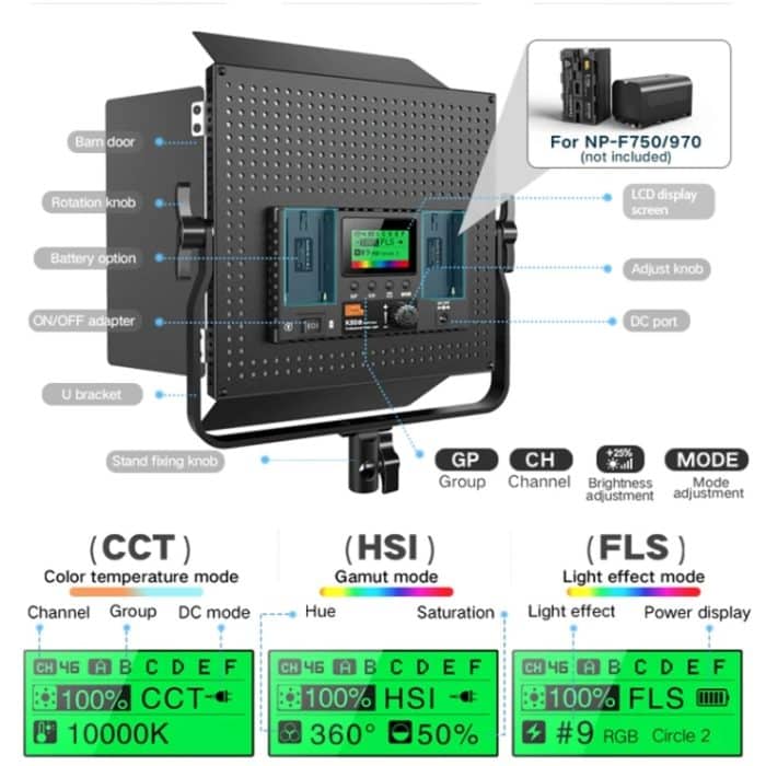 Pixel K80 RGB 45W 2600-10000K 552 LEDs Fotografie-Fülllicht-Panel-Lampe mit LCD-Display, US-Stecker, K80 RGB – Bild 7