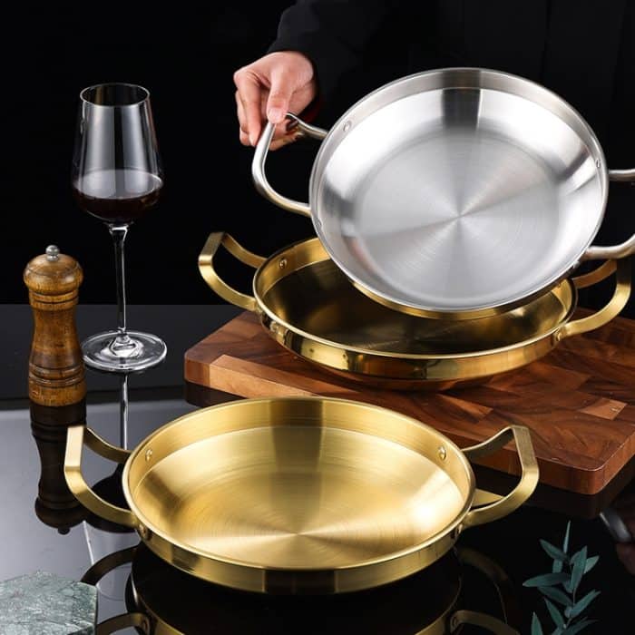 Verdickte Edelstahl-Doppelohrpfanne, Meeresfrüchte-Reispfanne, Brathähnchentablett, 22cm Silver, 24cm Silver, 26cm Silver, 28cm Silver, 30cm Silver, 22cm Golden, 24cm Golden, 26cm Golden, 28cm Golden, 30cm Golden – Bild 3