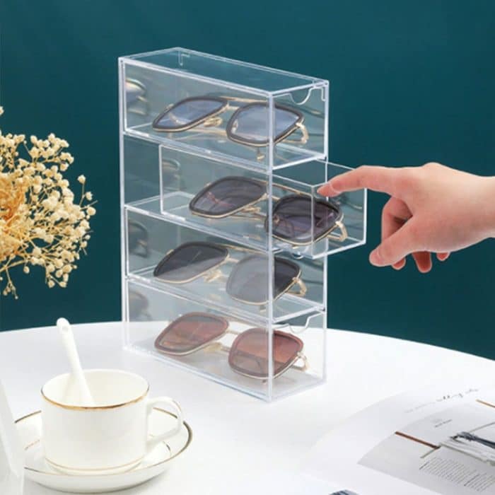 4-lagige stapelbare Schreibtisch-Brillenvitrine aus Acryl, staubdichte Schubladen-Aufbewahrungsbox – Bild 4