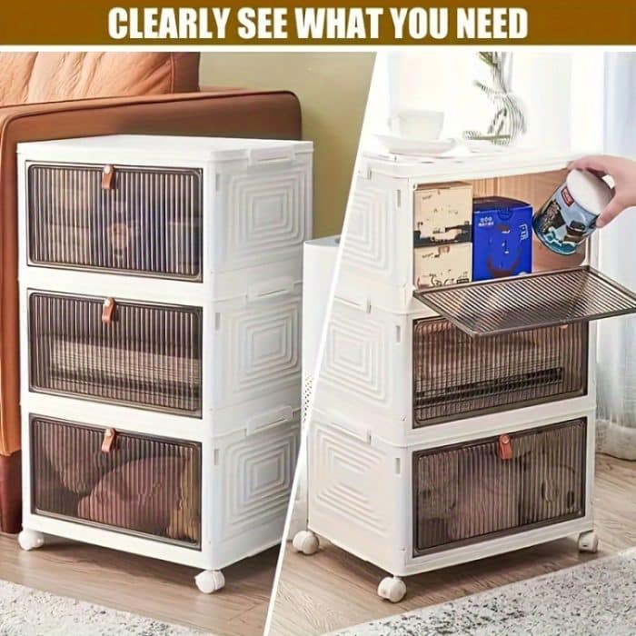 Stapelbare Aufbewahrungsbehälter aus Kunststoff mit Rädern und magnetischer Tür für Snacks, Kleidung, Küchenbedarf, Schuhe, 1-Tier, 2-Tier, 3-Tier, 4-Tier, 5-Tier, 6-Tier – Bild 5