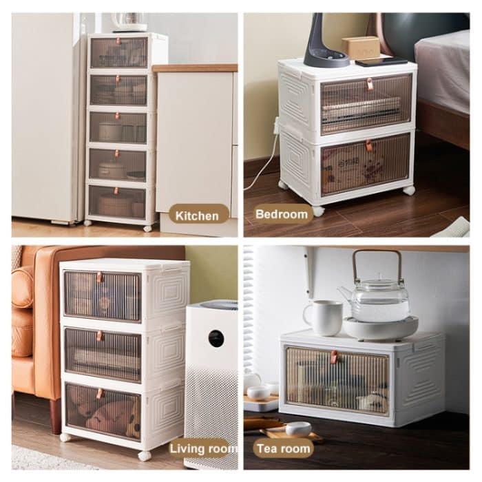 Stapelbare Aufbewahrungsbehälter aus Kunststoff mit Rädern und magnetischer Tür für Snacks, Kleidung, Küchenbedarf, Schuhe, 1-Tier, 2-Tier, 3-Tier, 4-Tier, 5-Tier, 6-Tier – Bild 6