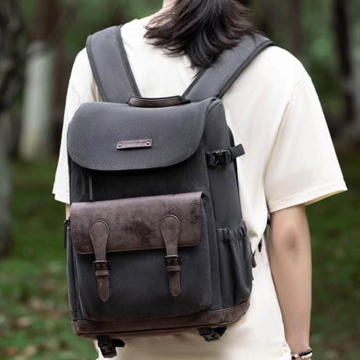 Cwatcun D128 Vintage-Schulterrucksack mit geteiltem Fach, große Kapazität, spritzwassergeschützte Fototasche, Small Black, Medium Black – Bild 2