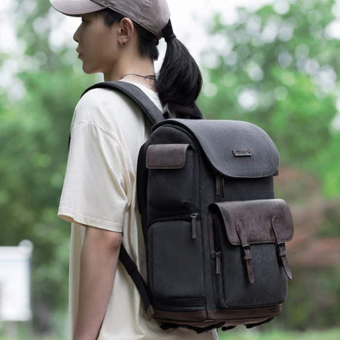 Cwatcun D128 Vintage-Schulterrucksack mit geteiltem Fach, große Kapazität, spritzwassergeschützte Fototasche, Small Black, Medium Black – Bild 12