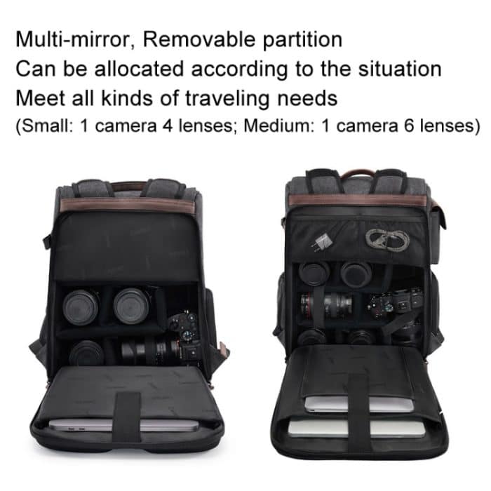 Cwatcun D128 Vintage-Schulterrucksack mit geteiltem Fach, große Kapazität, spritzwassergeschützte Fototasche, Small Black, Medium Black – Bild 4