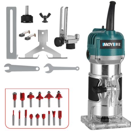 MOYI Aluminiumgehäuse, multifunktionale kleine elektrische Holzschnitz- und Schlitz-Trimmmaschine, 15 Milling Cutters EU Plug, 15 Milling Cutters US Plug