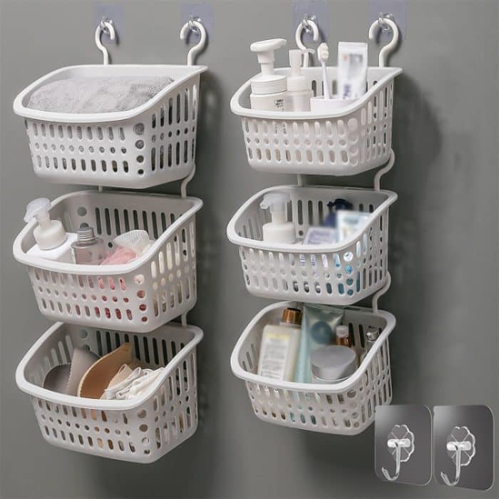 Hängender Korb aus Kunststoff mit Haken, Aufbewahrungskorb für die Küche, Abflusskorb, Regal, Badezimmer-Organizer, Small Grey, Small Beige, Large Grey, Large Beige – Bild 10