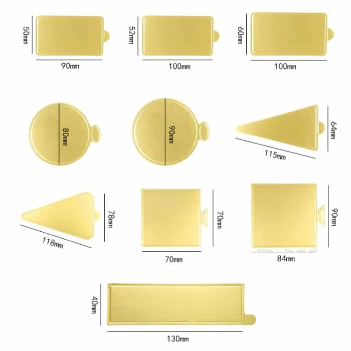 Goldene Papier Platten Dessert Bord Basis Mousse Matte Kuchen Karton Gebäck Display Tray, 100pcs /Set 118x78mm Triangle, 100pcs /Set 115x64mm  Triangle, 100pcs /Set 90mm Circle, 100pcs /Set 80mm Circle, 100pcs /Set 84x90mm Square, 100pcs /Set 70mm Squa... – Bild 3