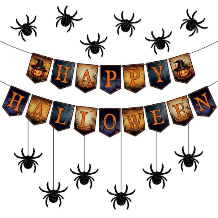 Halloween Dekoration Wand Aufkleber Hängen Anhänger Party Horror Banner Dekoration, Alphabet Pull Flags, 12pcs Spider Cards + Dots Glue – Bild 2