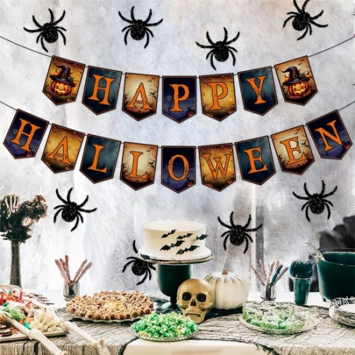 Halloween Dekoration Wand Aufkleber Hängen Anhänger Party Horror Banner Dekoration, Alphabet Pull Flags, 12pcs Spider Cards + Dots Glue – Bild 5
