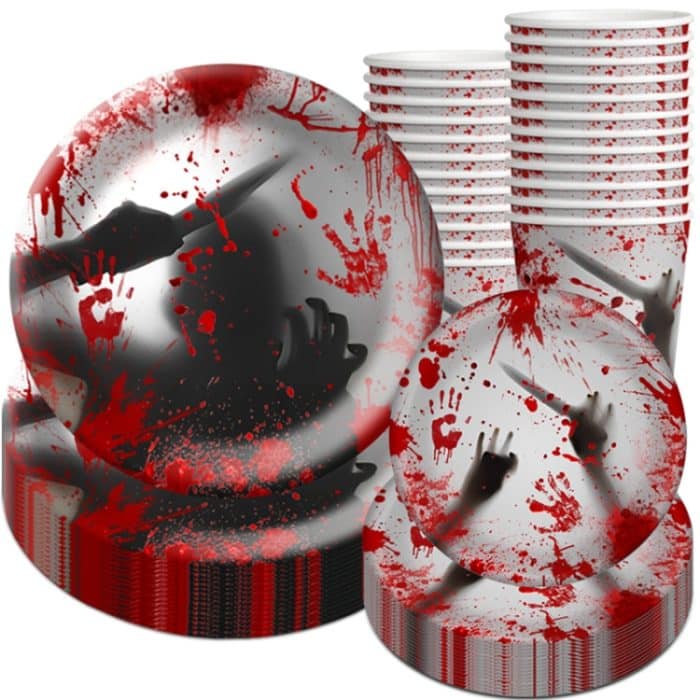 10 stücke Halloween Einweg Blut Handabdruck Geschirr Horror Party Dekoration, 7 inch Paper Plates, 9 inch Paper Plates, Paper Cups, Red Knives, Red Forks, Red Spoons – Bild 2