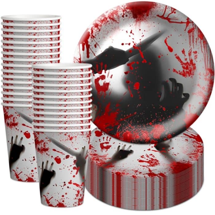 10 stücke Halloween Einweg Blut Handabdruck Geschirr Horror Party Dekoration, 7 inch Paper Plates, 9 inch Paper Plates, Paper Cups, Red Knives, Red Forks, Red Spoons – Bild 4