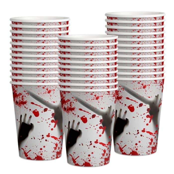 10 stücke Halloween Einweg Blut Handabdruck Geschirr Horror Party Dekoration, 7 inch Paper Plates, 9 inch Paper Plates, Paper Cups, Red Knives, Red Forks, Red Spoons – Bild 5