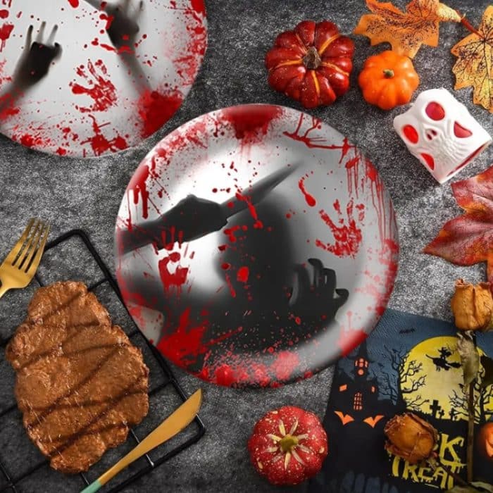 10 stücke Halloween Einweg Blut Handabdruck Geschirr Horror Party Dekoration, 7 inch Paper Plates, 9 inch Paper Plates, Paper Cups, Red Knives, Red Forks, Red Spoons – Bild 6