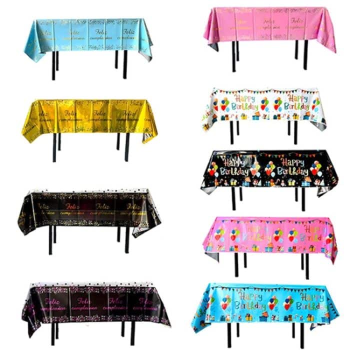 137x183cm Happy Birthday PET Aluminiumfolie Tischdecken Einweg wasserdichte Party dekorative Tischdecke, English White Balloon, English Black Balloon, English Pink Balloon, Spanish Pink Star, Spanish Gold Star, Spanish Rose Star – Bild 2