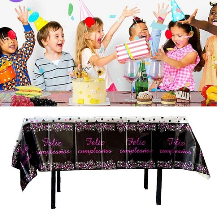 137x183cm Happy Birthday PET Aluminiumfolie Tischdecken Einweg wasserdichte Party dekorative Tischdecke, English White Balloon, English Black Balloon, English Pink Balloon, Spanish Pink Star, Spanish Gold Star, Spanish Rose Star – Bild 4