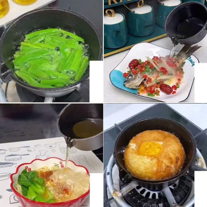 Mini Hot Oil Bratpfanne Holzgriff Gusseisen Topf Haushalt Omelettpfanne, 11x5cm, 11x6cm, 13x6cm – Bild 8