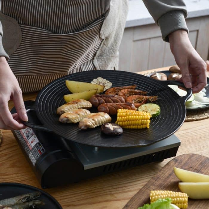 Gusseisen-Grillpfanne mit Gewinde für den Außenbereich, Antihaft-Bratpfanne, unbeschichtet, Teppanyaki-Topf, 30cm, 35cm – Bild 8