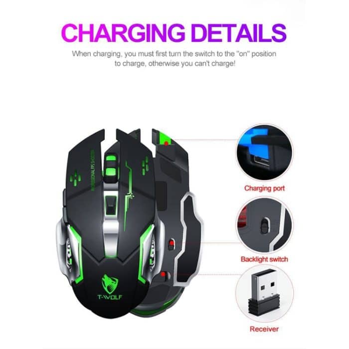 T-WOLF Q13 2,4 GHz 6-Tasten RGB Buntes Licht Drahtlose Gaming-Maus, Single Mode Black, Single Mode Star Black, Single Mode White, Single Mode Gray, Dual Mode Black, Dual Mode Star Black, Dual Mode White, Dual Mode Gray – Bild 5
