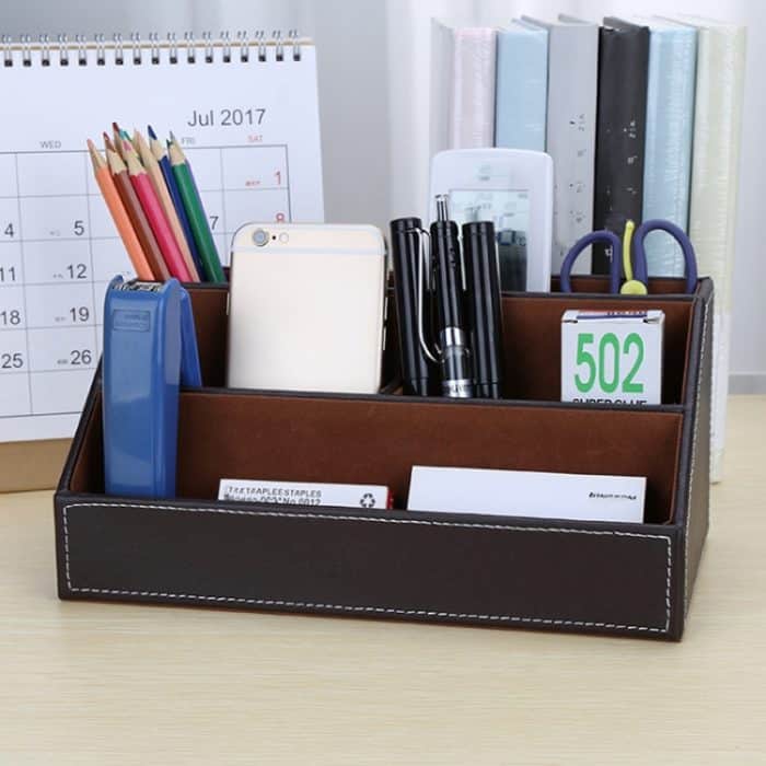 TBD0605421501B.jpg Desktop Schreibwaren Box Multi-funktionale PU Leder Hause Fach Diverse Organizer Lagerung Box, 24x13.5x12cm – Bild 1