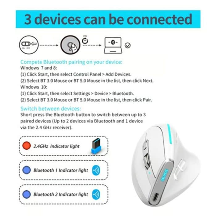 ZELOTES F36 9-Tasten Vertikaler Griff Ergonomische Programmierung Dual Bluetooth + 2,4G Drahtlose Maus, F36 (White), F36 (Black) – Bild 11