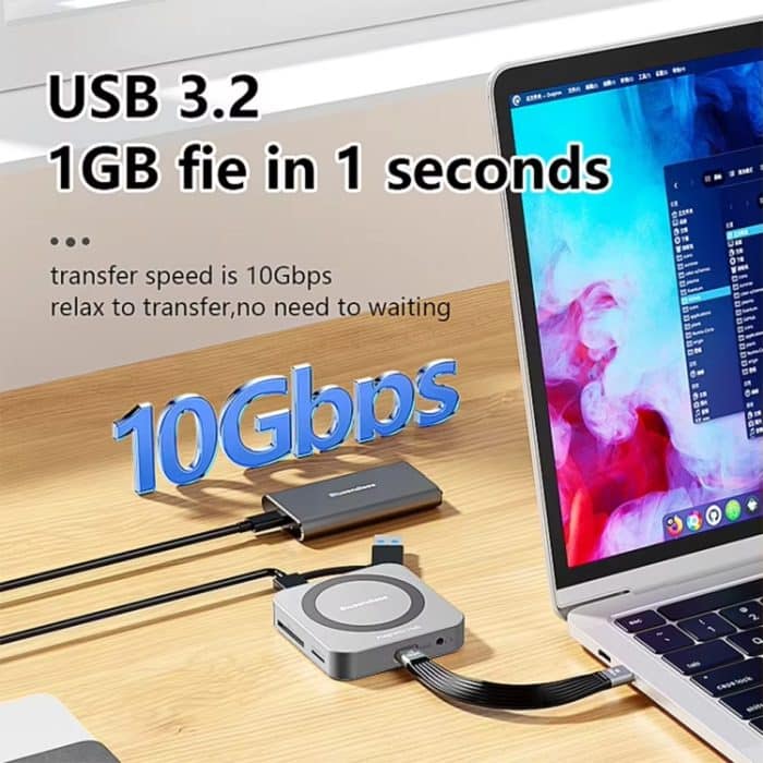 Blueendless 8-in-1-Magnet-HUB mit M.2 NVMe/SATA SSD-Gehäuse (HDMI+PD100W+USB-C/Type-C 3.2+USB-A 3.2+SD+TF+AUX) – Bild 6