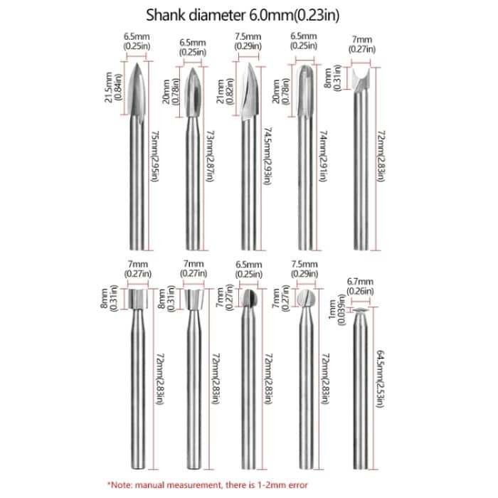 Elektrische Holzschnitzerei Wurzelschnitzwerkzeuge Holzbearbeitung Gravur Polierwerkzeugköpfe Fräser Bohrer, 10pcs/ Set – Bild 4