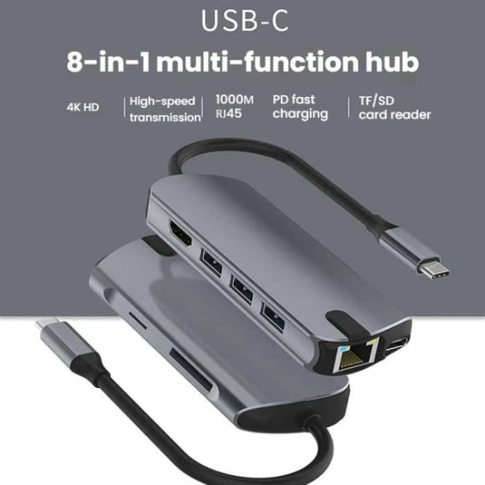 8-in-1-Dockingstation-Hub mit USB-C/Typ-C-Gigabit-Ethernet-Anschluss, HDMI 4K 30Hz, HDMI 4K 60Hz – Bild 2
