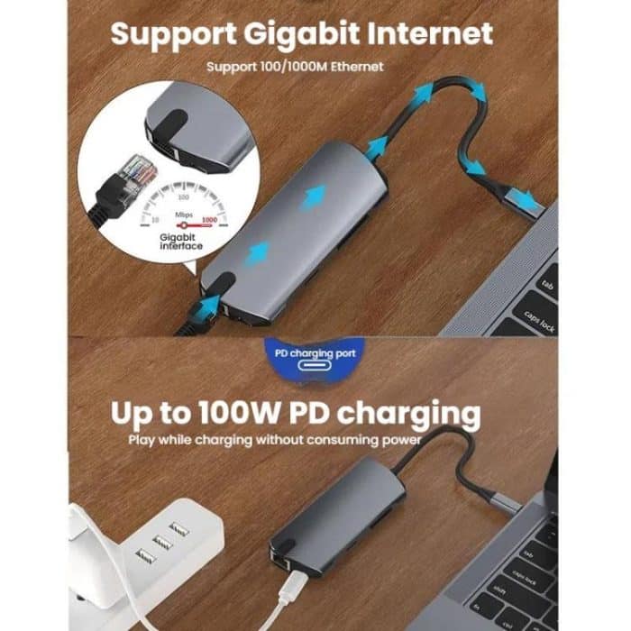 8-in-1-Dockingstation-Hub mit USB-C/Typ-C-Gigabit-Ethernet-Anschluss, HDMI 4K 30Hz, HDMI 4K 60Hz – Bild 6