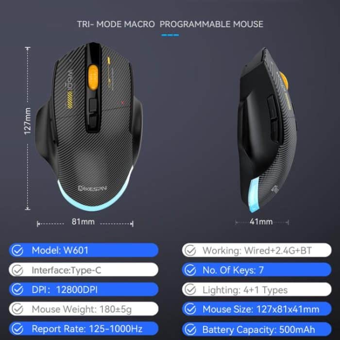 MKESPN W601 Leise kabellose Tri-Mode-Makro-Gaming-Maus aus Kohlefaser, 12800 DPI Bluetooth-Maus – Bild 3