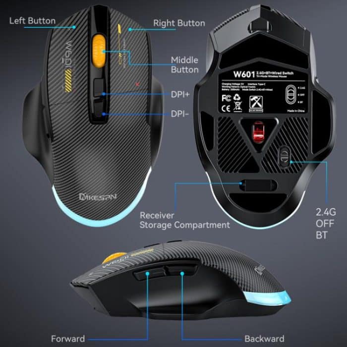 MKESPN W601 Leise kabellose Tri-Mode-Makro-Gaming-Maus aus Kohlefaser, 12800 DPI Bluetooth-Maus – Bild 5