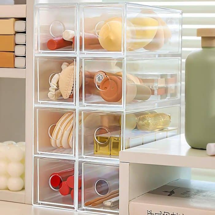 Schreibtisch-Organizer aus Acryl mit 4 Schubladen, stapelbare Brillenvitrine, Aufbewahrungsbox für Make-up-Pinsel und Schreibwaren, 27x17.5x7.3cm – Bild 5