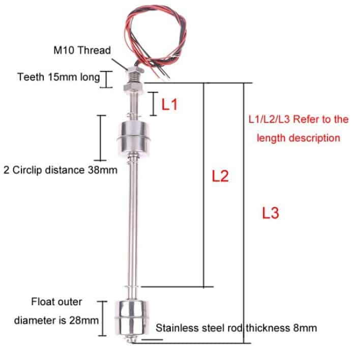 20 W/0,5 A/0–220 V Hochtemperaturbeständiger Schwimmer-Wasserstandsschalter-Sensor, Double Ball 100mm, Double Ball 150mm, Double Ball 200mm, Double Ball 250mm, Double Ball 300mm, Double Ball 350mm, Double Ball 400mm – Bild 3