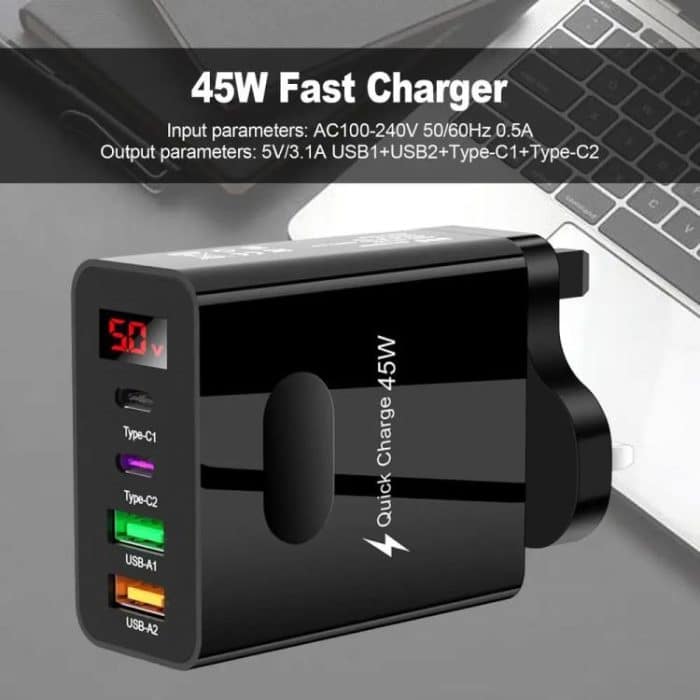 2 USB + 2 Typ-C Digital Display Handy Multi-Port Ladegerät, EU Plug Black, US Plug Black, UK Plug Black, EU Plug White, US Plug White, UK Plug White – Bild 5