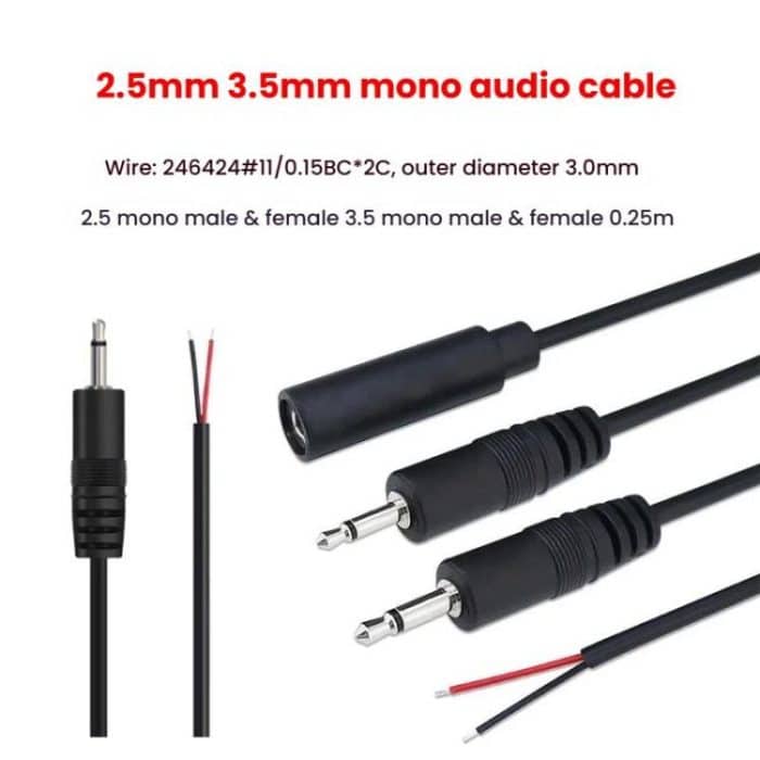 Monokabel, 2-poliges AUX-Einzelkopfkabel, Lautsprecher-Audio-Netzkabel, Audiokabel, Länge: 25 cm, 2.5mm Male, 2.5mm Female, 3.5mm Male, 3.5mm Female – Bild 4